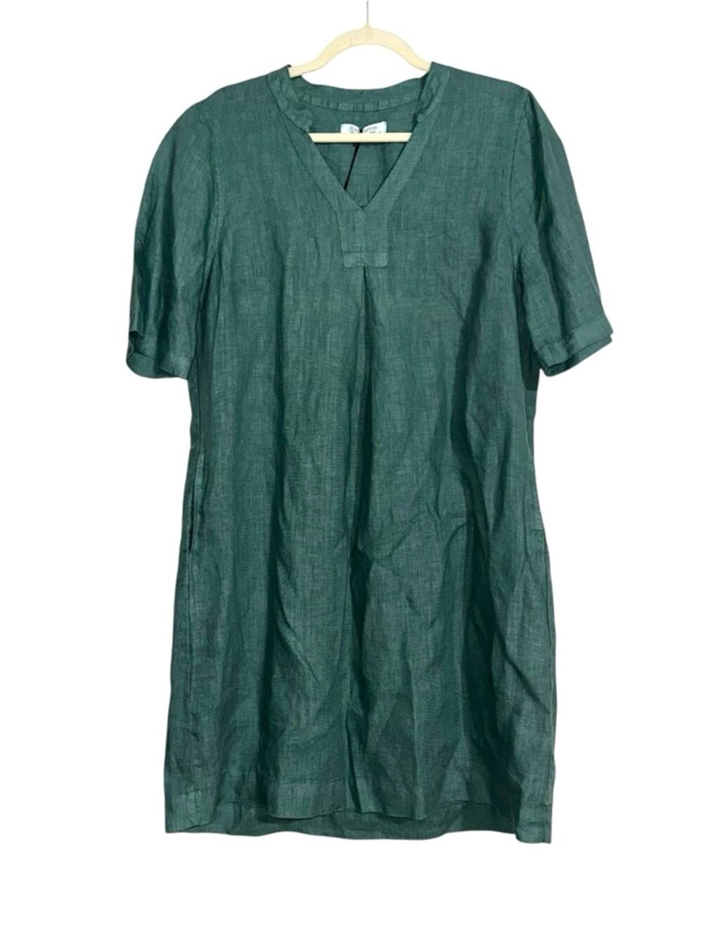 NWT Haris Cotton Linen Short Sleeve V-Neck Green Tunic Dress MEDIUM in Emerald